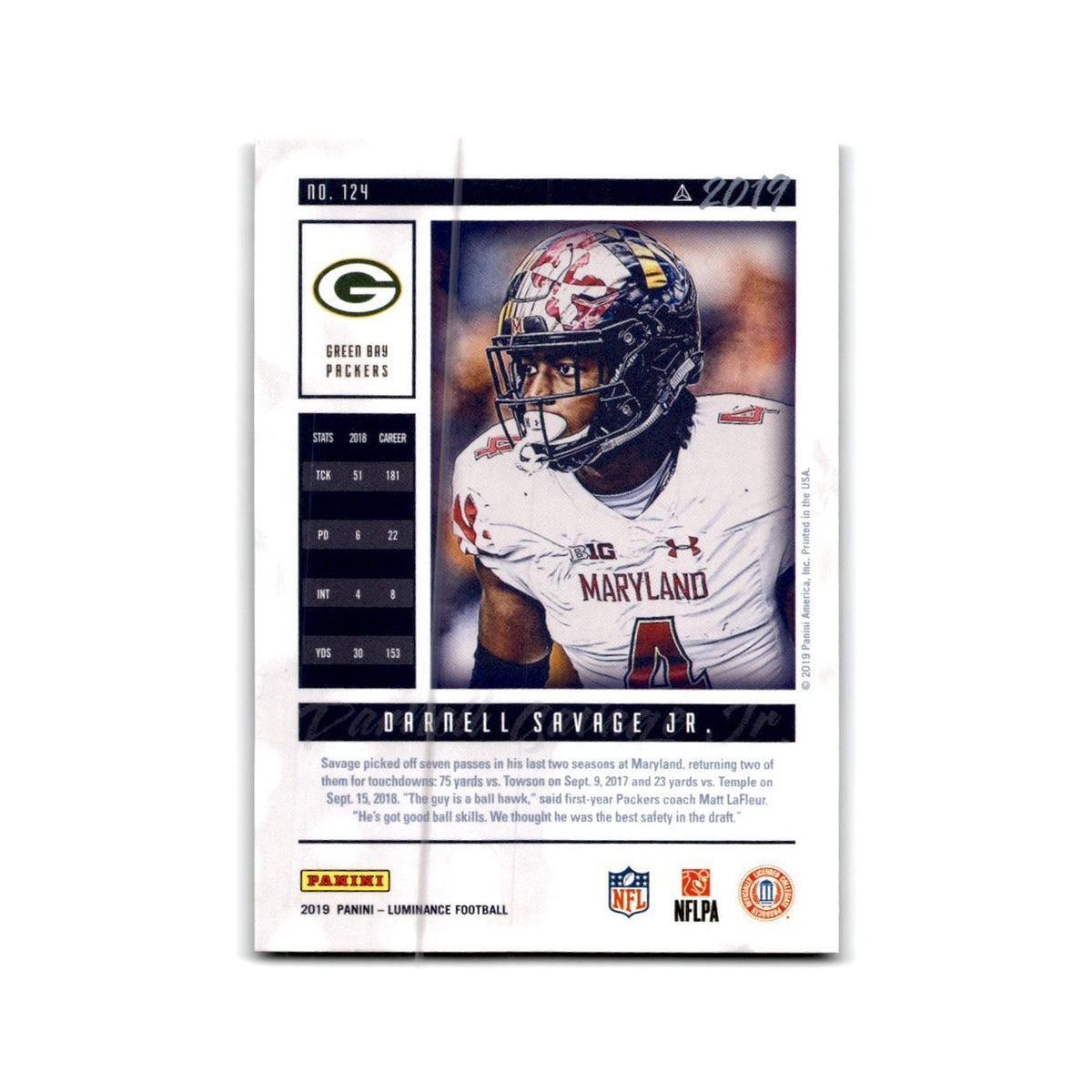 Darnell Savage Jr. Rookie 2019 Panini Luminance #124 Green Bay Packers NM