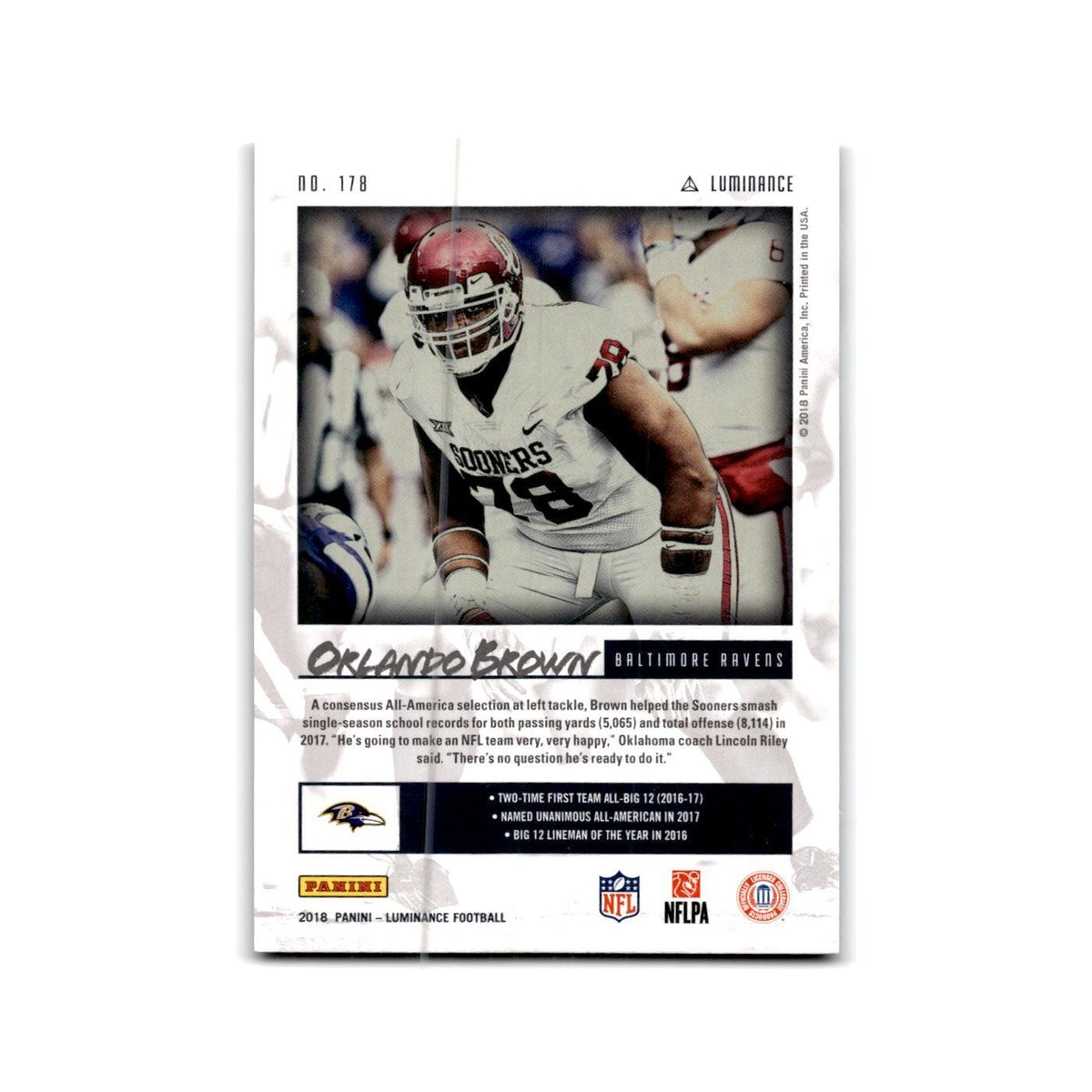 Orlando Brown Rookie 2019 Luminance #178 Baltimore Ravens Football Card NM