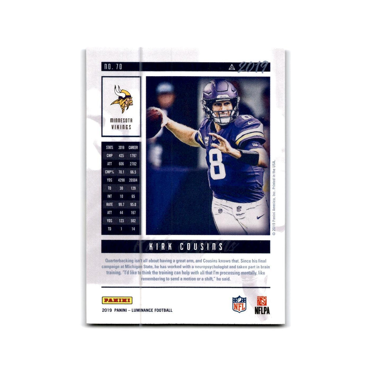 Kirk Cousins 2019 Panini Luminance #70 Minnesota Vikings Football Card NM