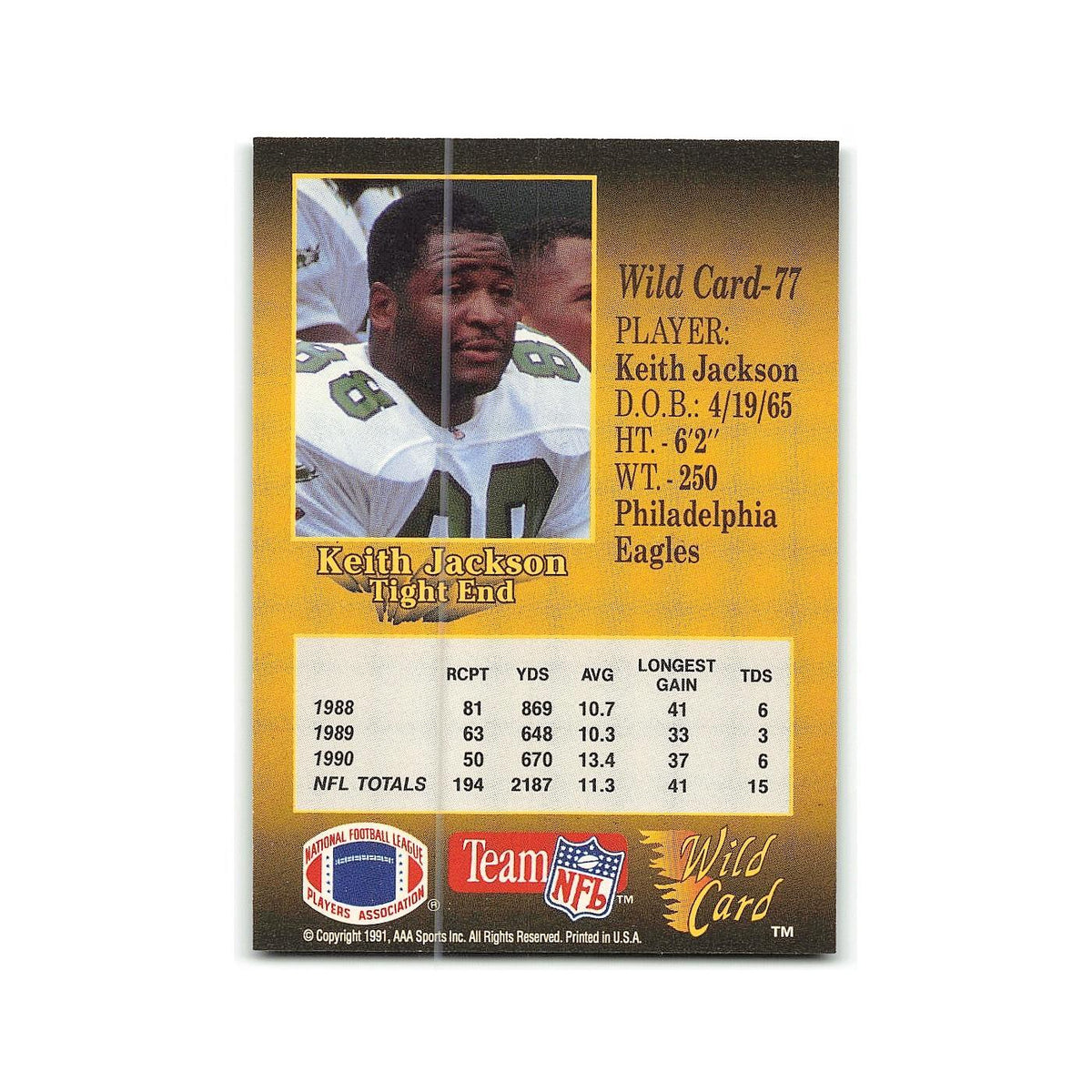 Keith Jackson 1991 Wild Card #77 Philadelphia Eagles Football Card NM