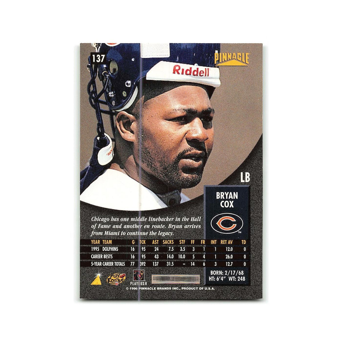 Bryan Cox 1996 Pinnacle #137 Chicago Bears Football Card NM