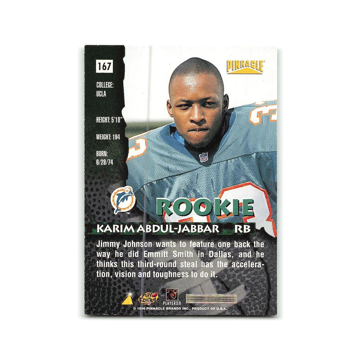 Karim Abdul-Jabbar Rookie 1996 Pinnacle #167 Miami Dolphins Football Card NM
