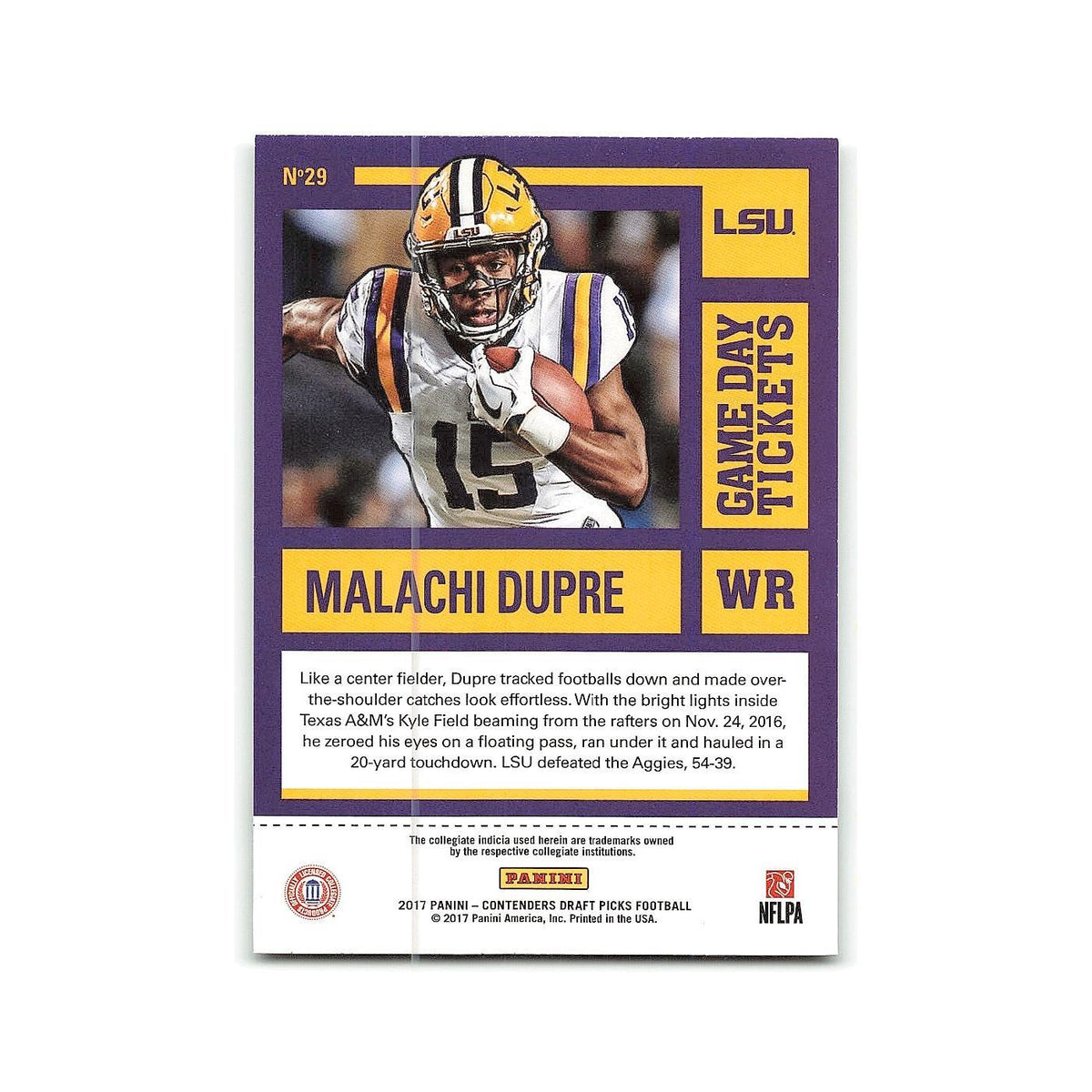 Malachi Dupre 2017 Panini Contenders Draft Picks Game Day Tickets #29 NM
