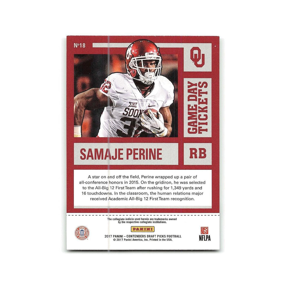 Samaje Perine 2017 Panini Contenders Draft Picks Game Day Tickets #18 NM