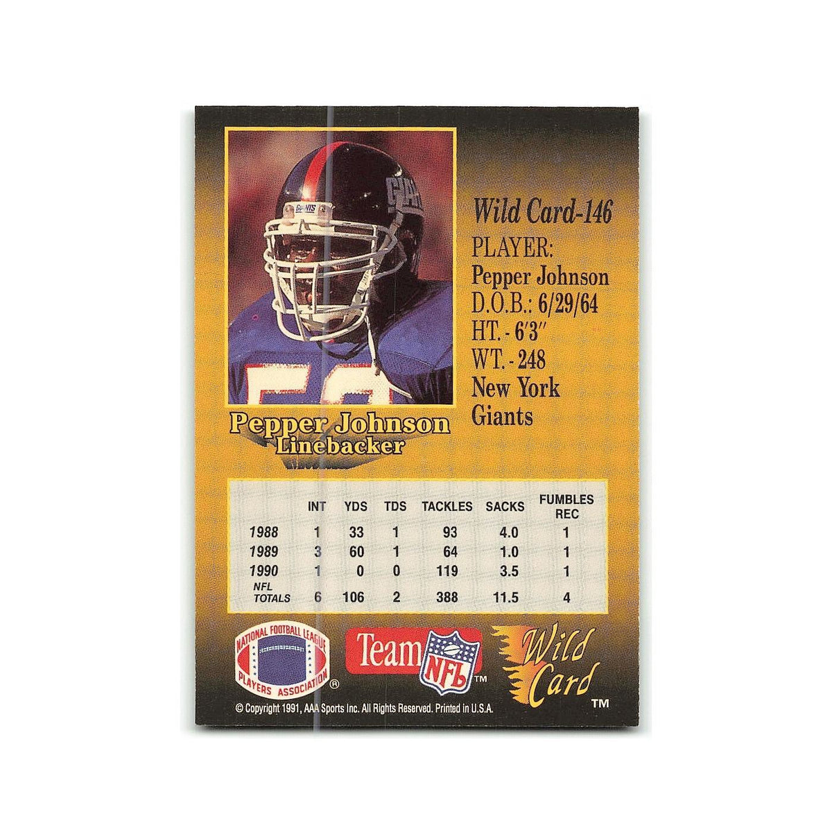 Pepper Johnson 1991 Wild Card #146 New York Giants Football Card NM