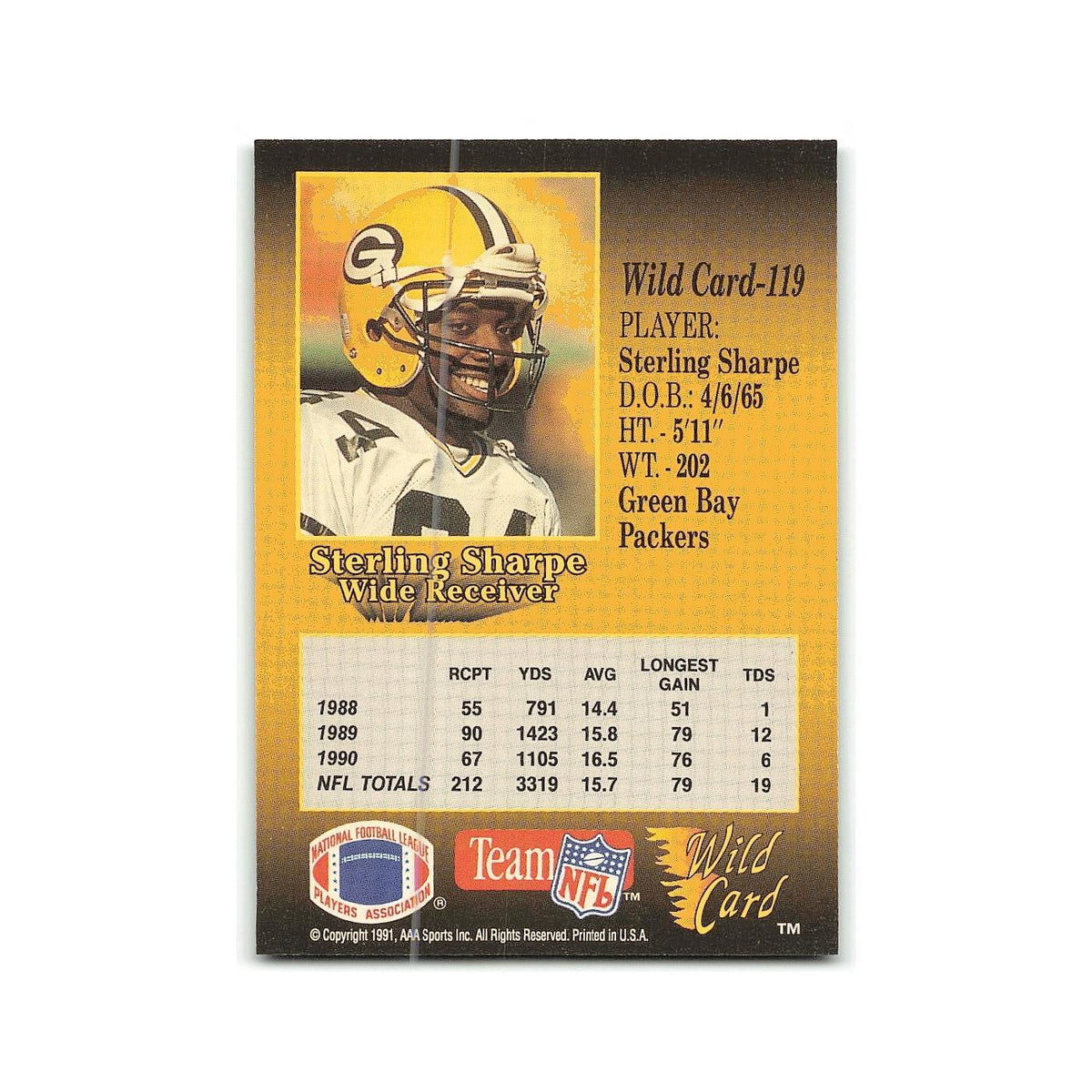 Sterling Sharpe 1991 Wild Card #119 Green Bay Packers Football Card NM