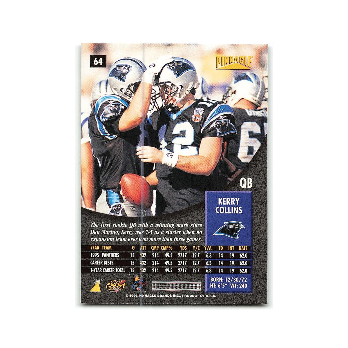 Kerry Collins 1996 Pinnacle #64 Carolina Panthers Football Card NM
