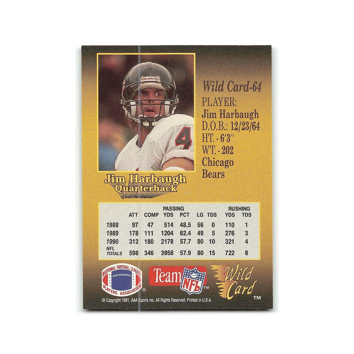 Jim Harbaugh 1991 Wild Card #64 Chicago Bears Football Card NM