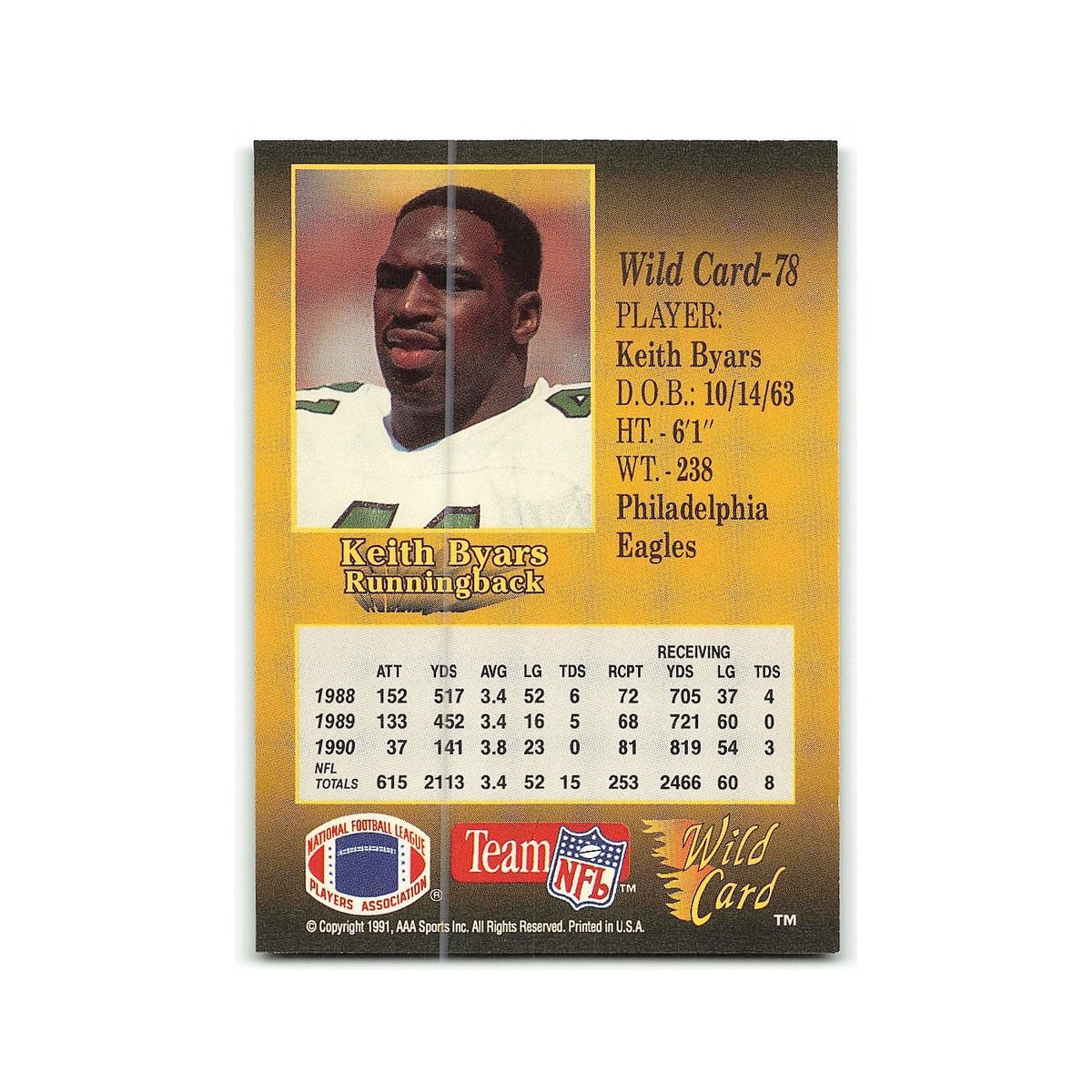 Keith Byars 1991 Wild Card #78 Philadelphia Eagles Football Card NM