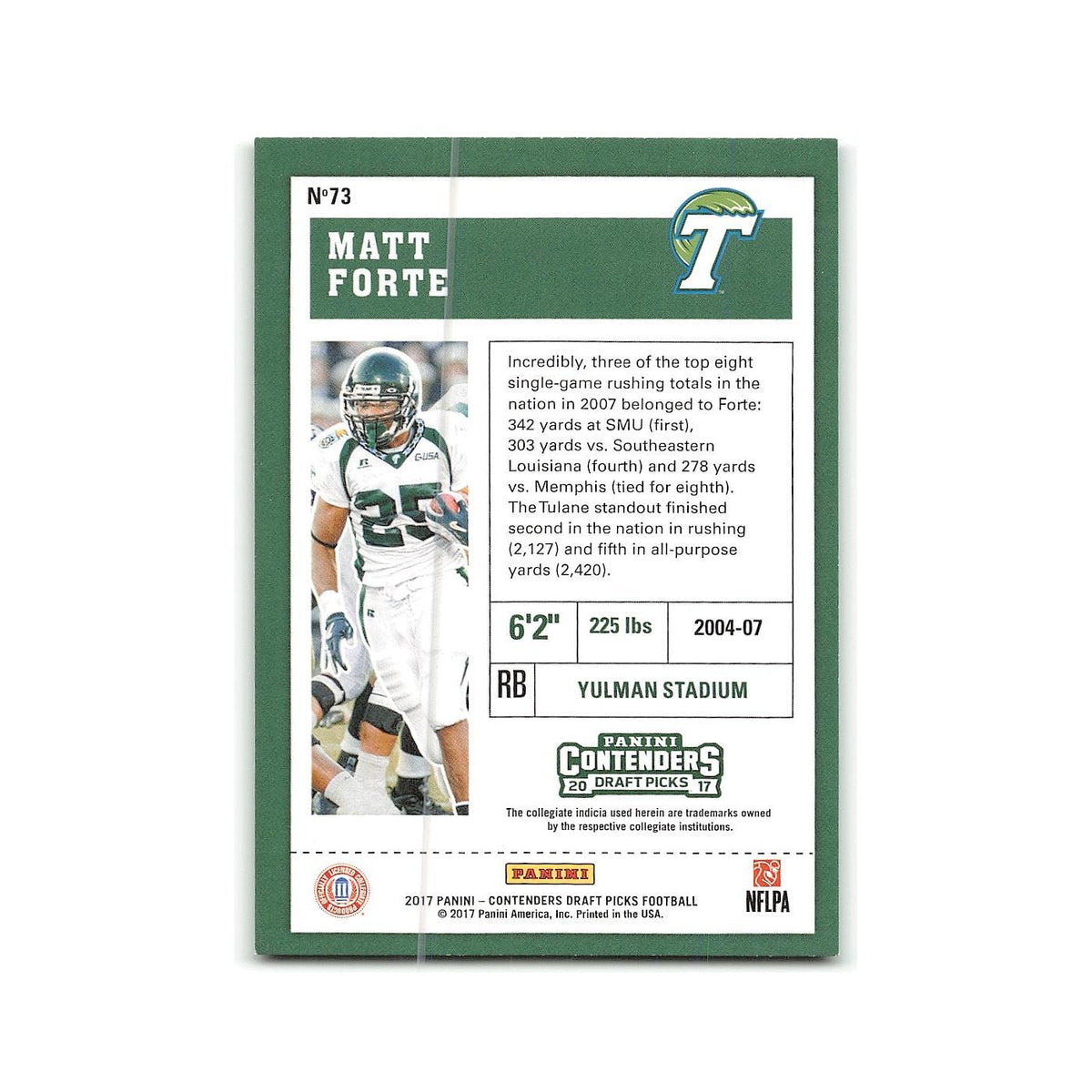 Matt Forte 2017 Panini Contenders Draft Picks #73 Tulane Green Wave NM