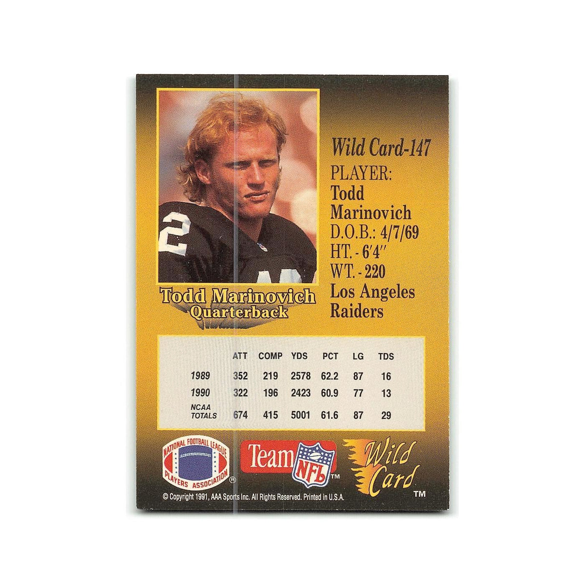 Todd Marinovich 1991 Wild Card #147 Los Angeles Raiders Football Card NM