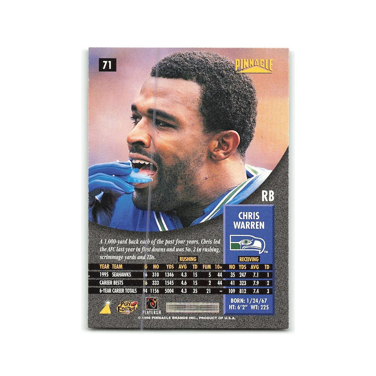 Chris Warren 1996 Pinnacle #71 Seattle Seahawks Football Card NM