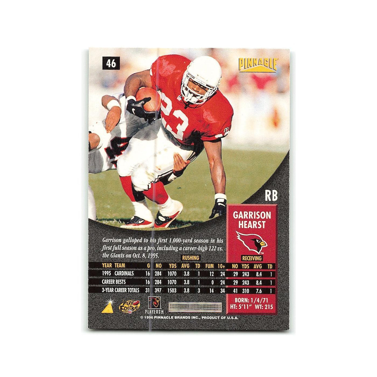 Garrison Hearst 1996 Pinnacle #46 Arizona Cardinals Football Card NM