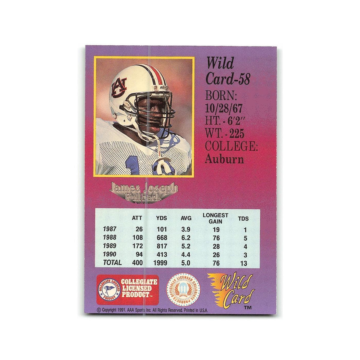 James Joseph 1991 Wild Card #58 Auburn Tigers Football Card NM