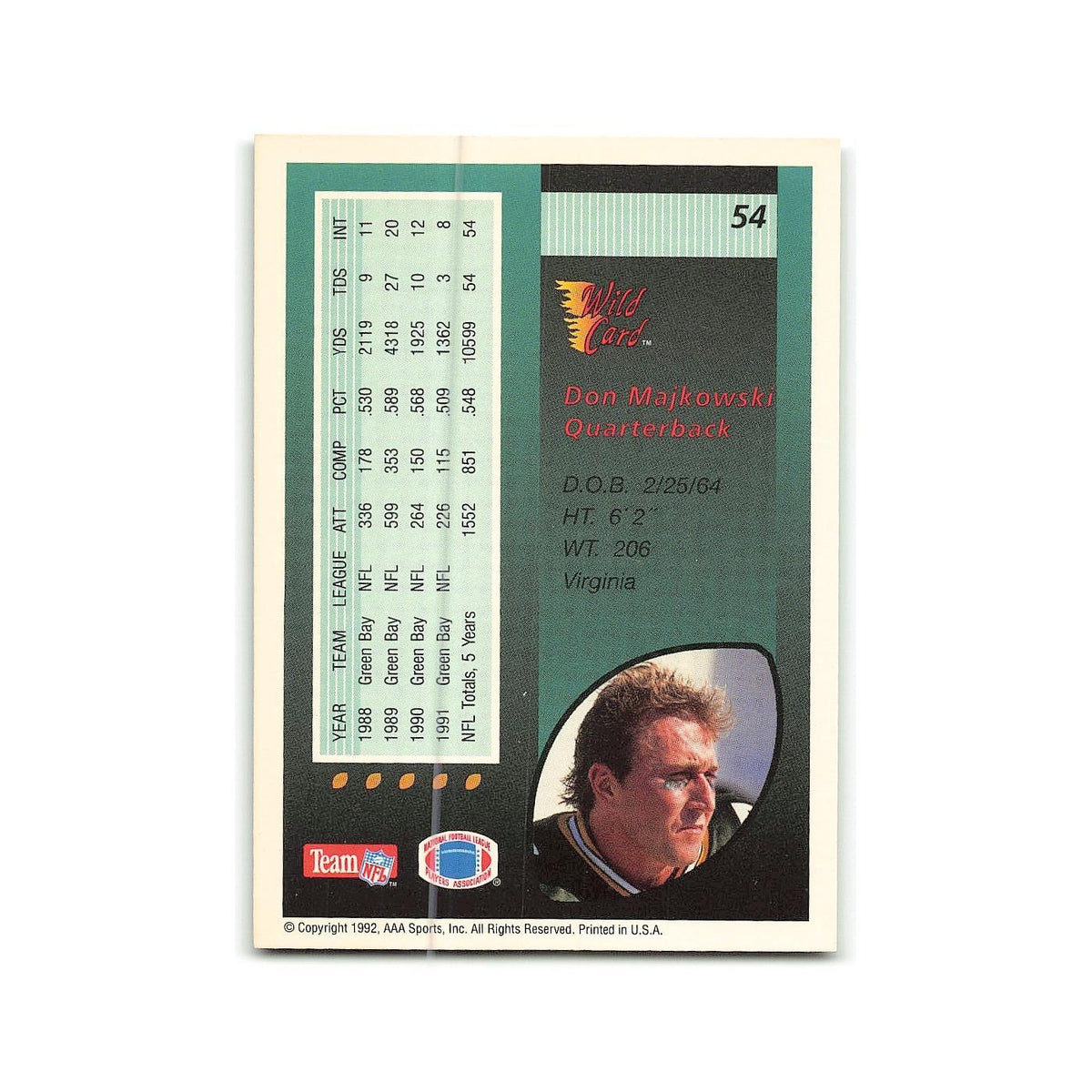 Don Majkowski 1992 Wild Card #54 Green Bay Packers  Football Card NM
