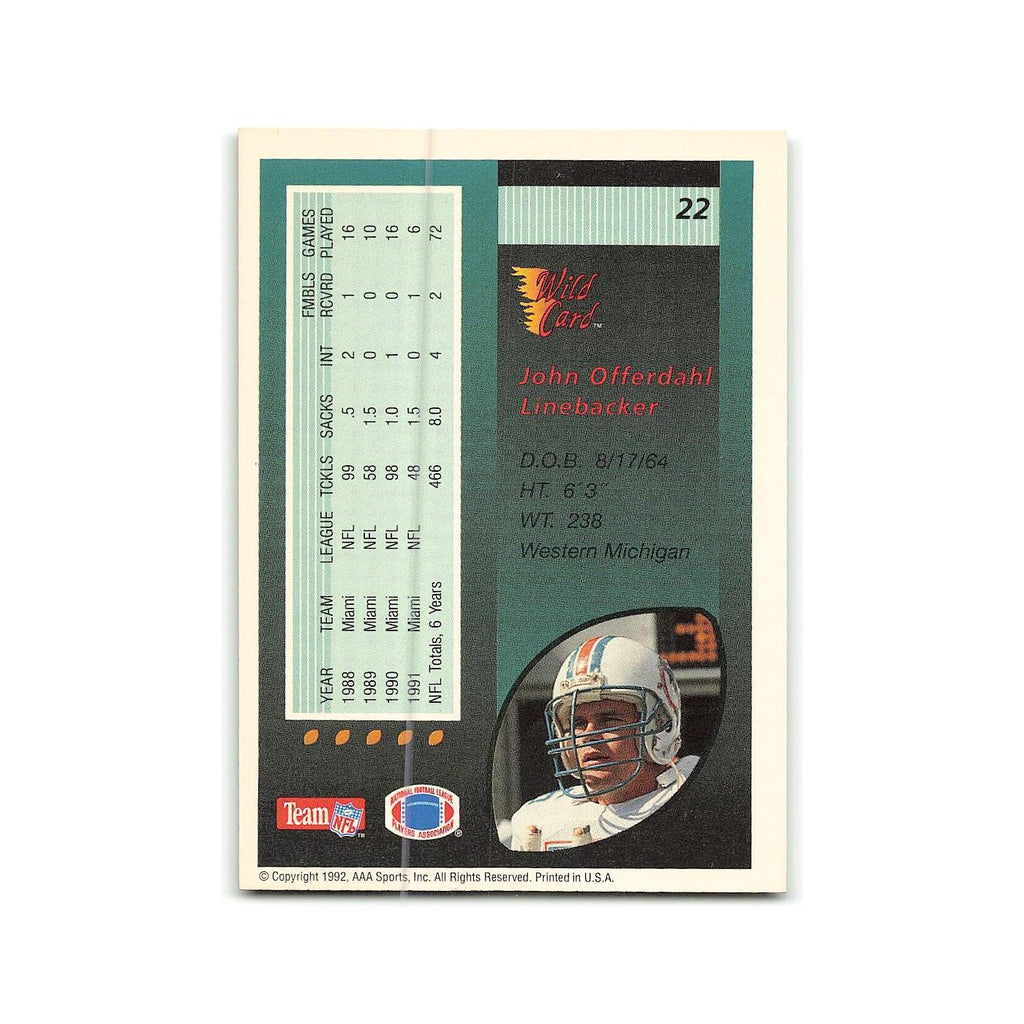 John Offerdahl 1992 Wild Card #22 Miami Dolphins Football Card NM