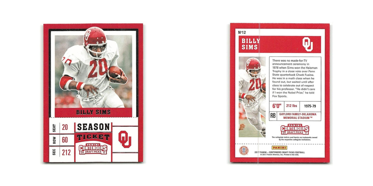 Billy Sims 2017 Panini Contenders Draft Picks #12 Oklahoma Sooners NM