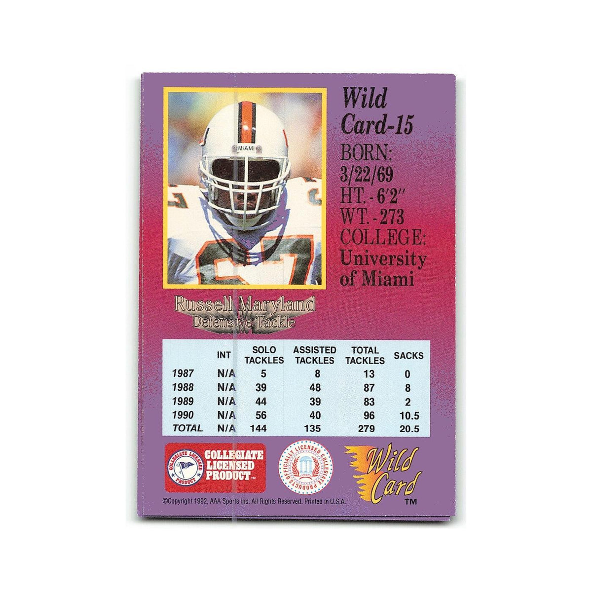 Russell Maryland Rookie 1993 Wild Card 1st Edition #15 Dallas Cowboys NM