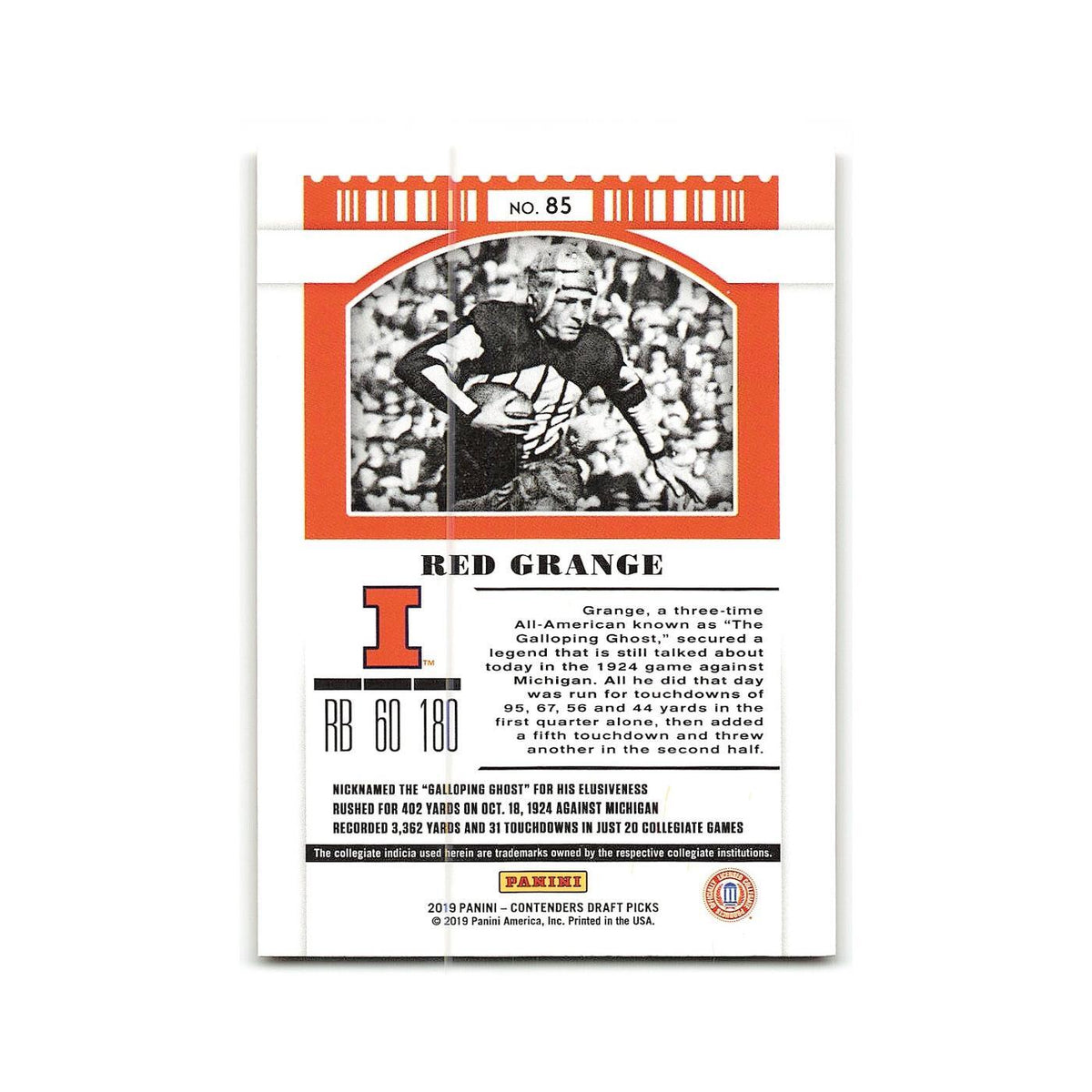 Red Grange 2019 Panini Contenders Draft Picks #85 Illinois Fighting Illini NM