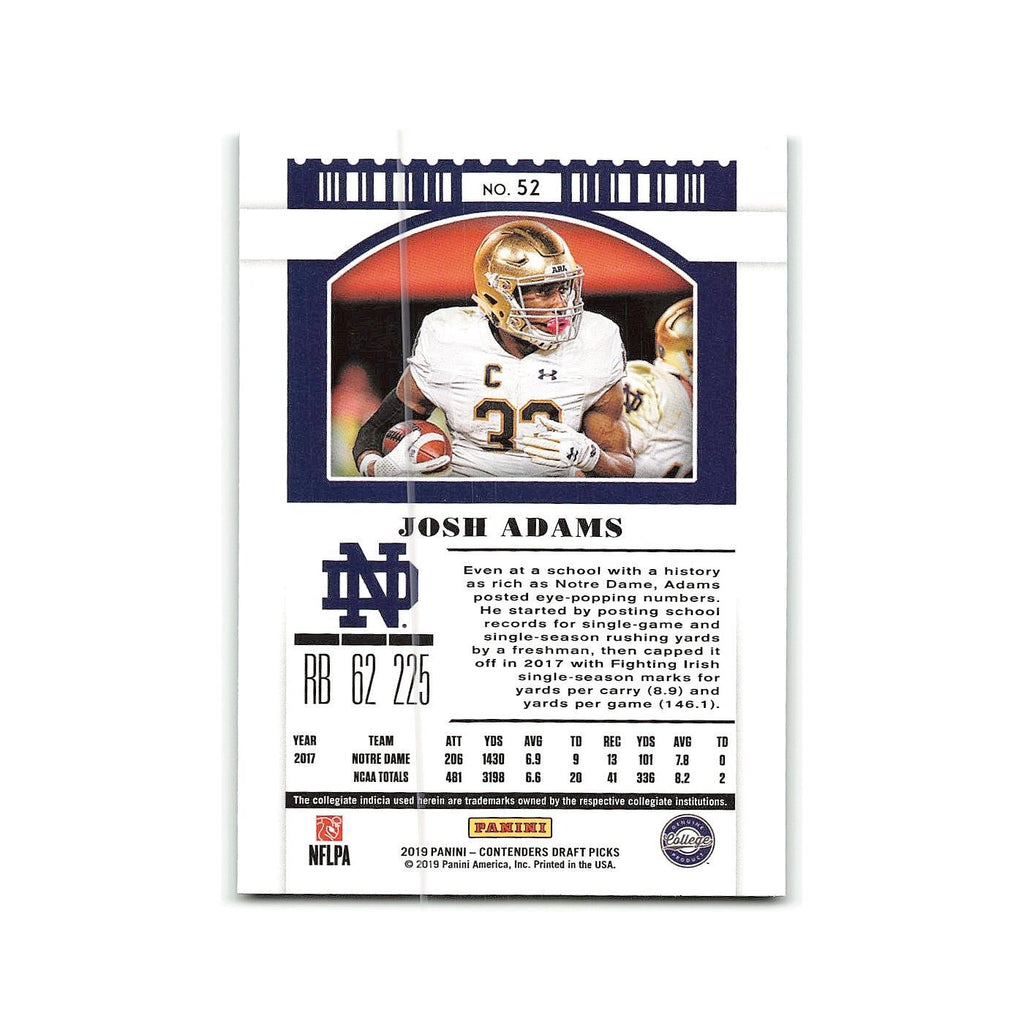 Josh Adams 2019 Panini Contenders Draft Picks #52 Notre Dame Fighting Irish NM