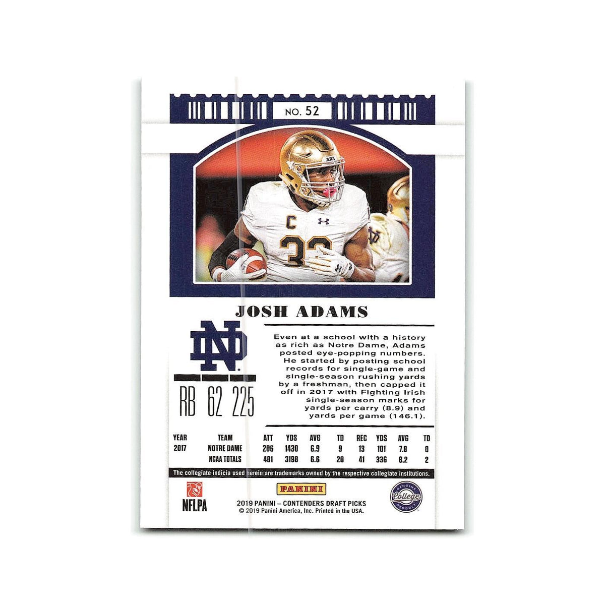 Josh Adams 2019 Panini Contenders Draft Picks #52 Notre Dame Fighting Irish NM