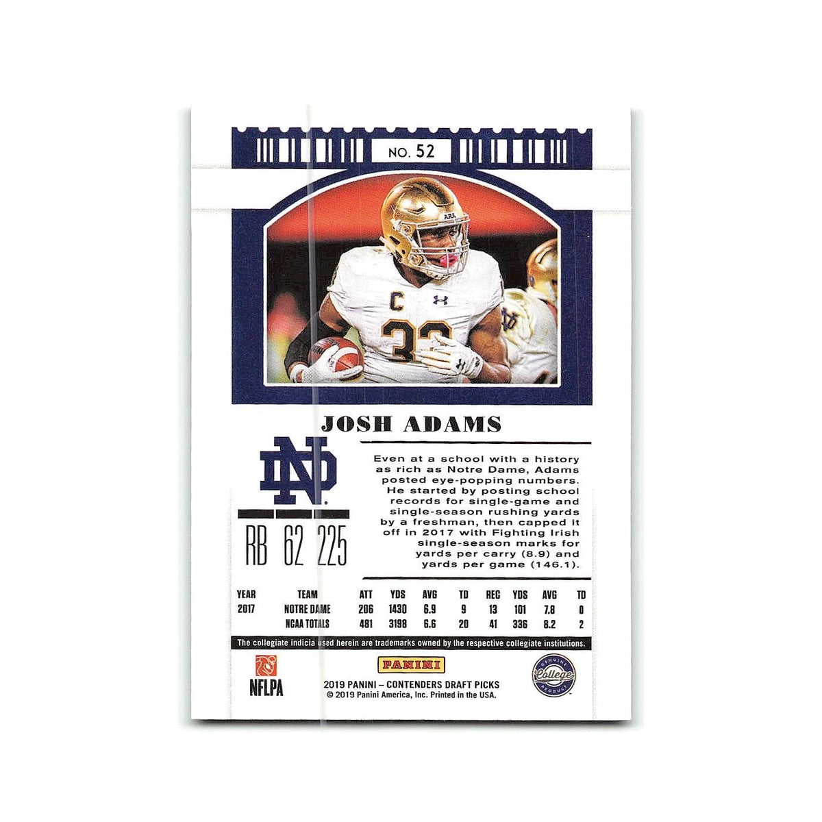 Josh Adams 2019 Panini Contenders Draft Picks #52 Notre Dame Fighting Irish NM