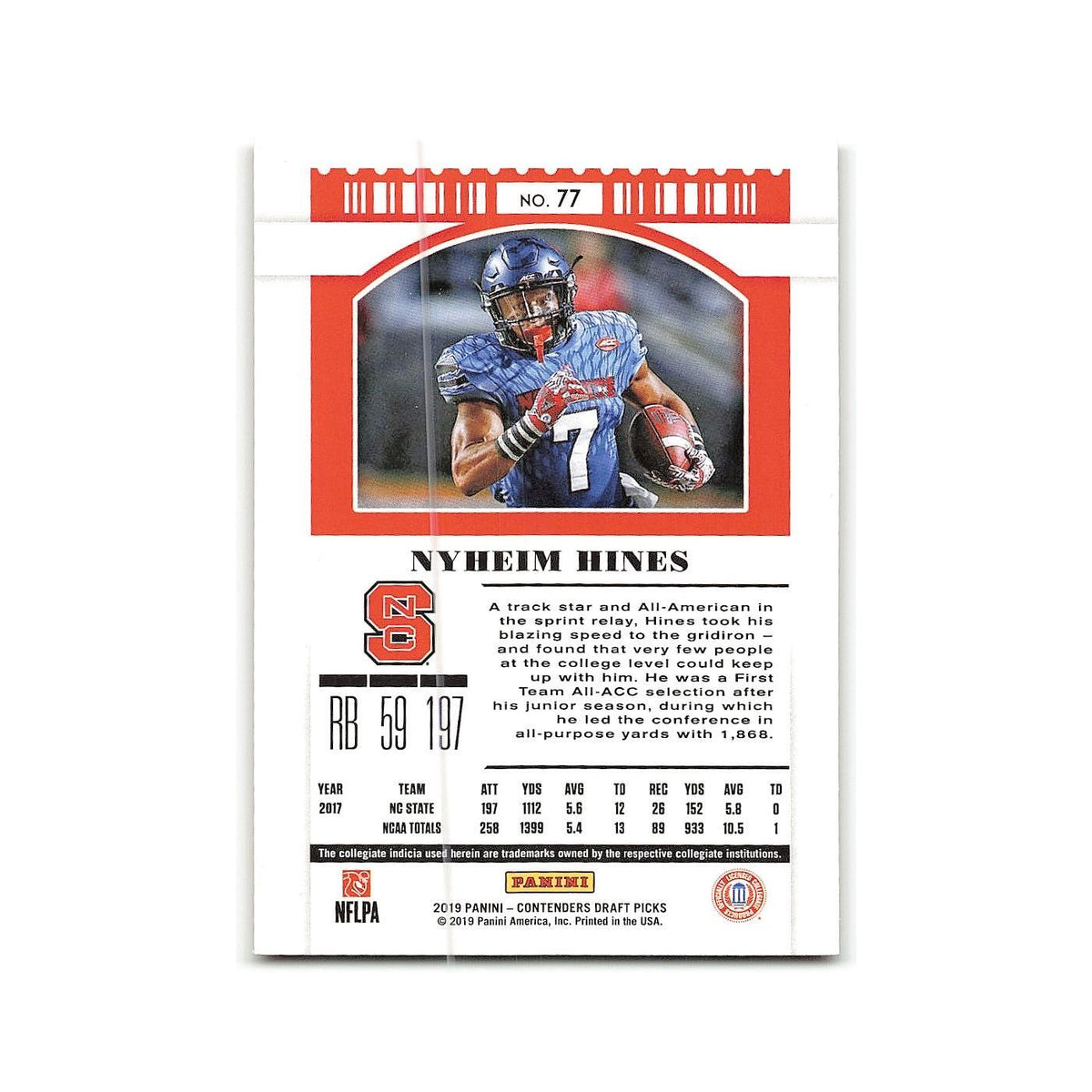 Nyheim Hines 2019 Panini Contenders Draft Picks #77 NC State Wolfpack NM