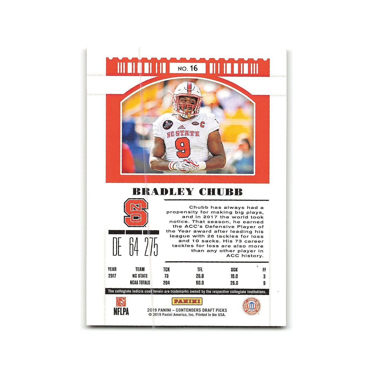 Bradley Chubb 2019 Panini Contenders Draft Picks #16 NC State Wolfpack NM