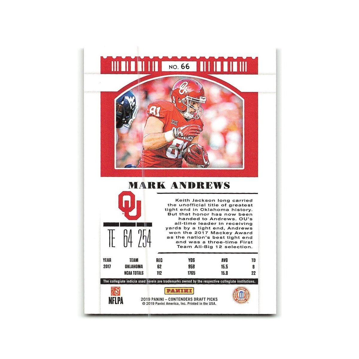 Mark Andrews 2019 Panini Contenders Draft Picks #66 Oklahoma Sooners NM