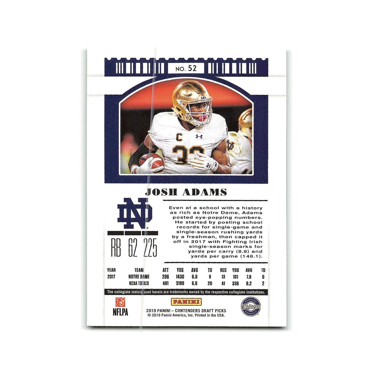 Josh Adams 2019 Panini Contenders Draft Picks #52 Notre Dame Fighting Irish NM