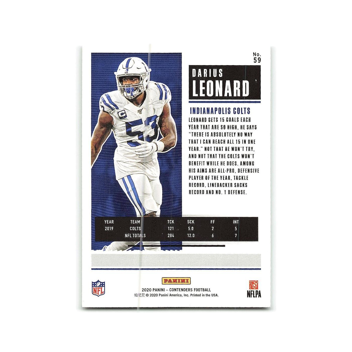 Darius Leonard 2020 Panini Contenders #59 Indianapolis Colts Football Card NM