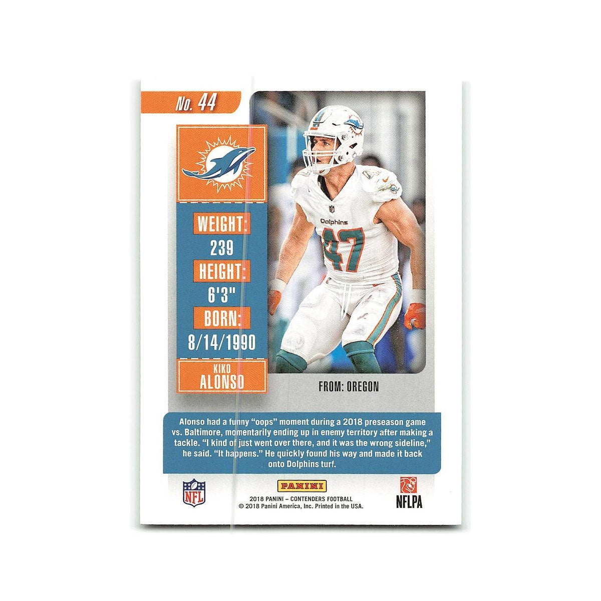 Kiko Alonso 2018 Panini Contenders #44 Miami Dolphins Football Card NM