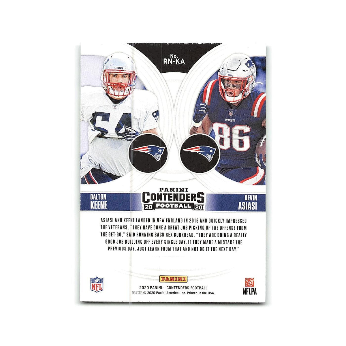 Dalton Keene   Devin Asiasi 2020 Panini Contenders Round Numbers #RN-KA NM