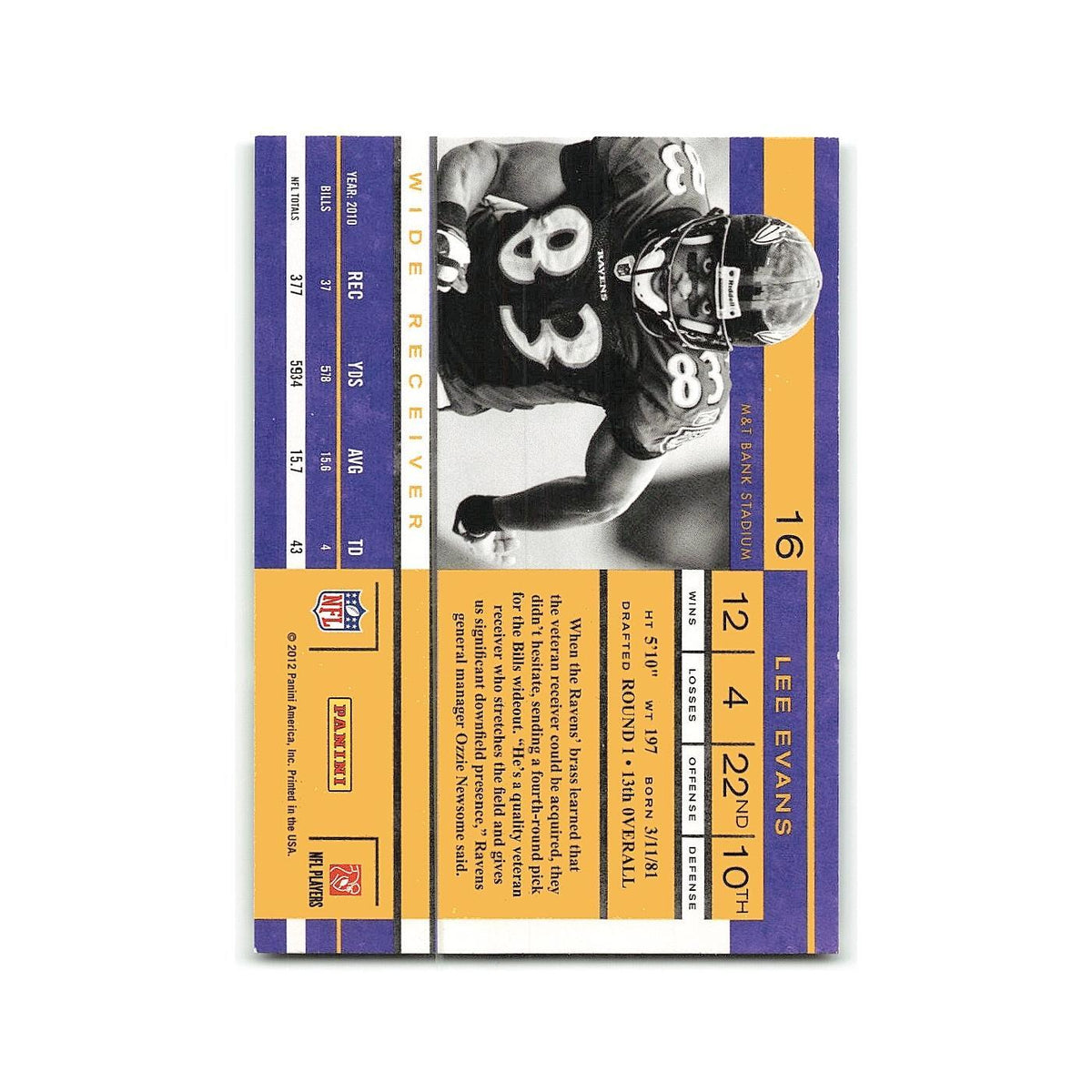 Lee Evans 2012 Panini Playoff Contenders #16 Baltimore Ravens Football Card NM