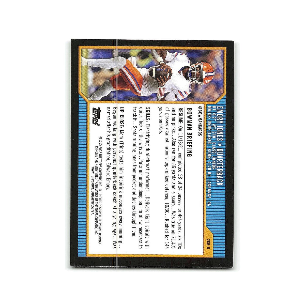 Emory Jones 2022 Bowman University #2KB-6 Florida Gators Football Card NM