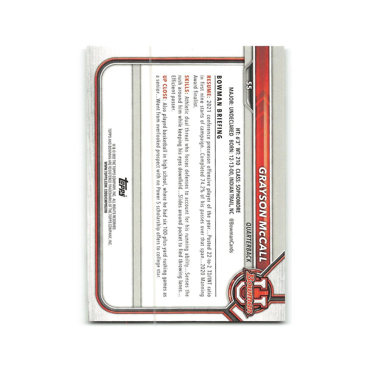 Grayson McCall 2022 Bowman University #55 Coastal Carolina Chanticleers NM