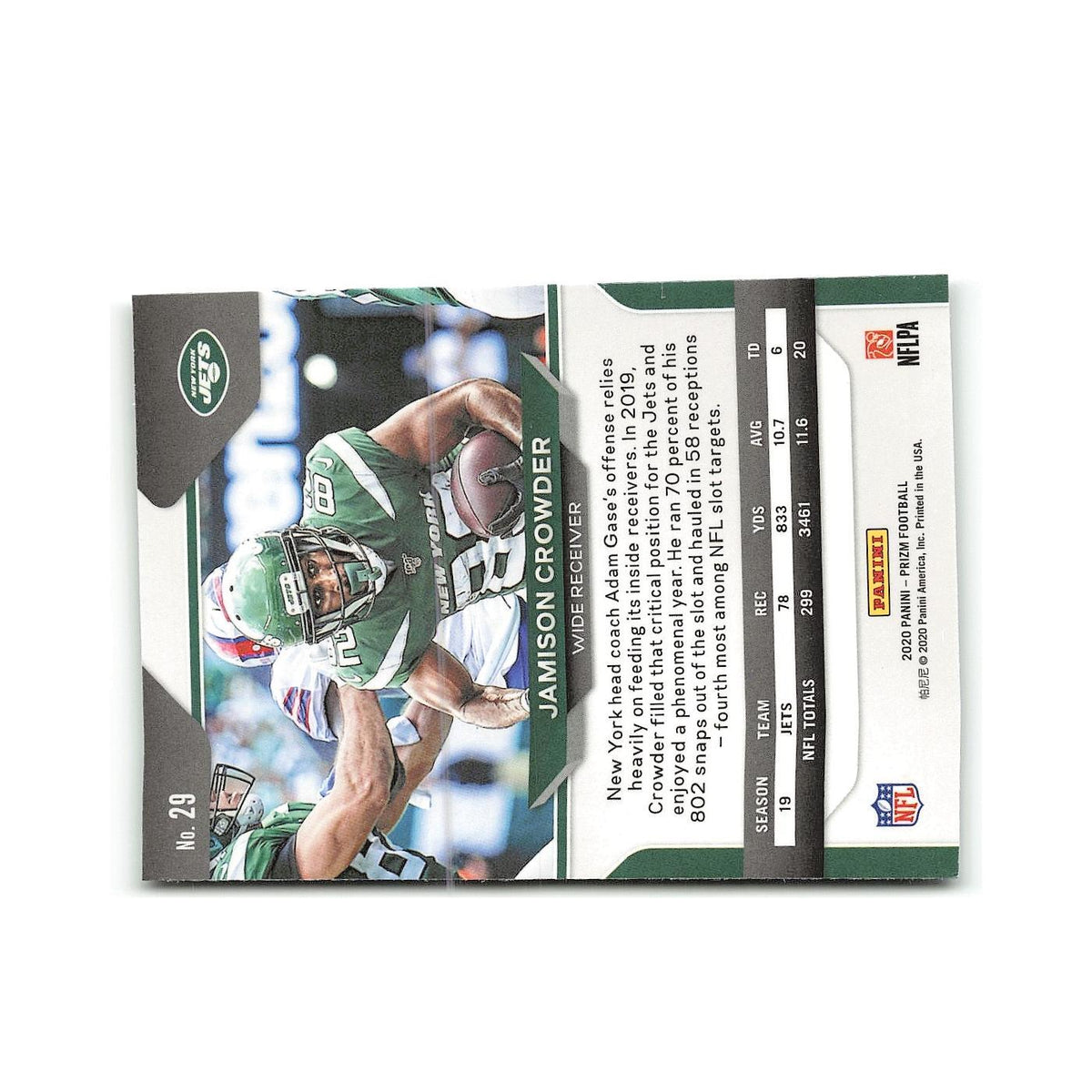 Jamison Crowder 2020 Panini Prizm #29 New York Jets Football Card NM