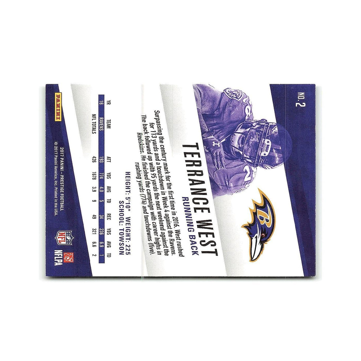 Terrance West 2017 Panini Prestige #2 Baltimore Ravens Football Card NM