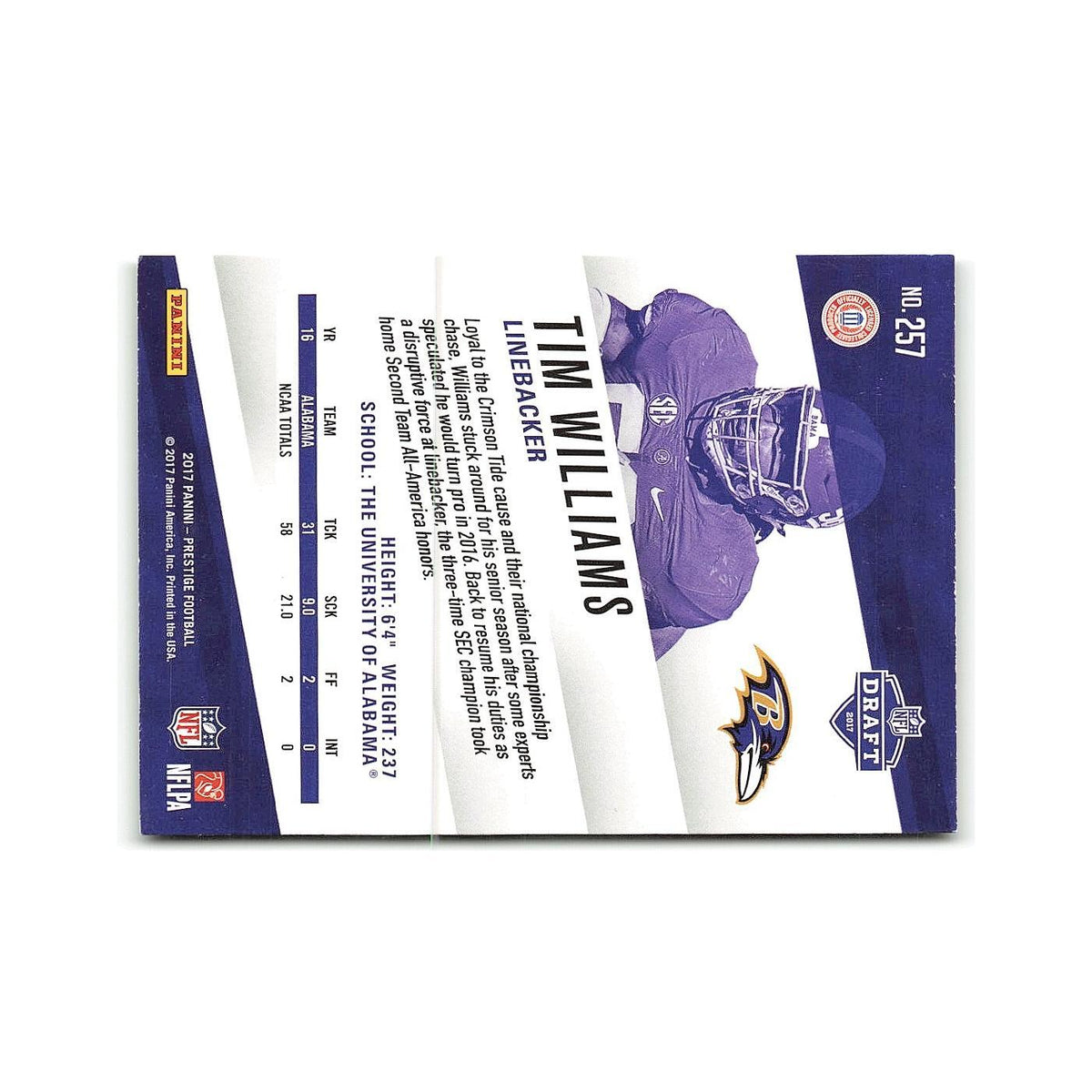 Tim Williams Rookie 2017 Panini Prestige #257 Baltimore Ravens Football Card NM