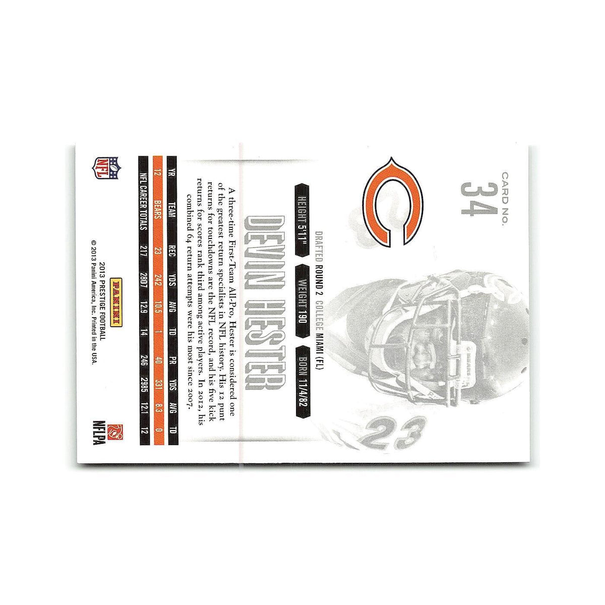 Devin Hester 2013 Panini Prestige #34 Chicago Bears Football Card NM
