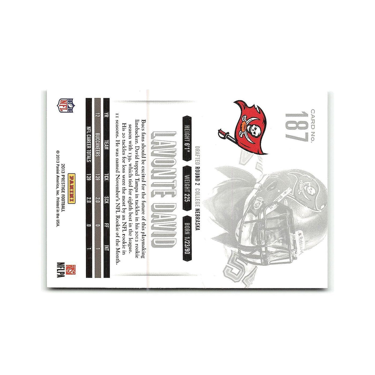 Lavonte David 2013 Panini Prestige #187 Tampa Bay Buccaneers Football Card NM