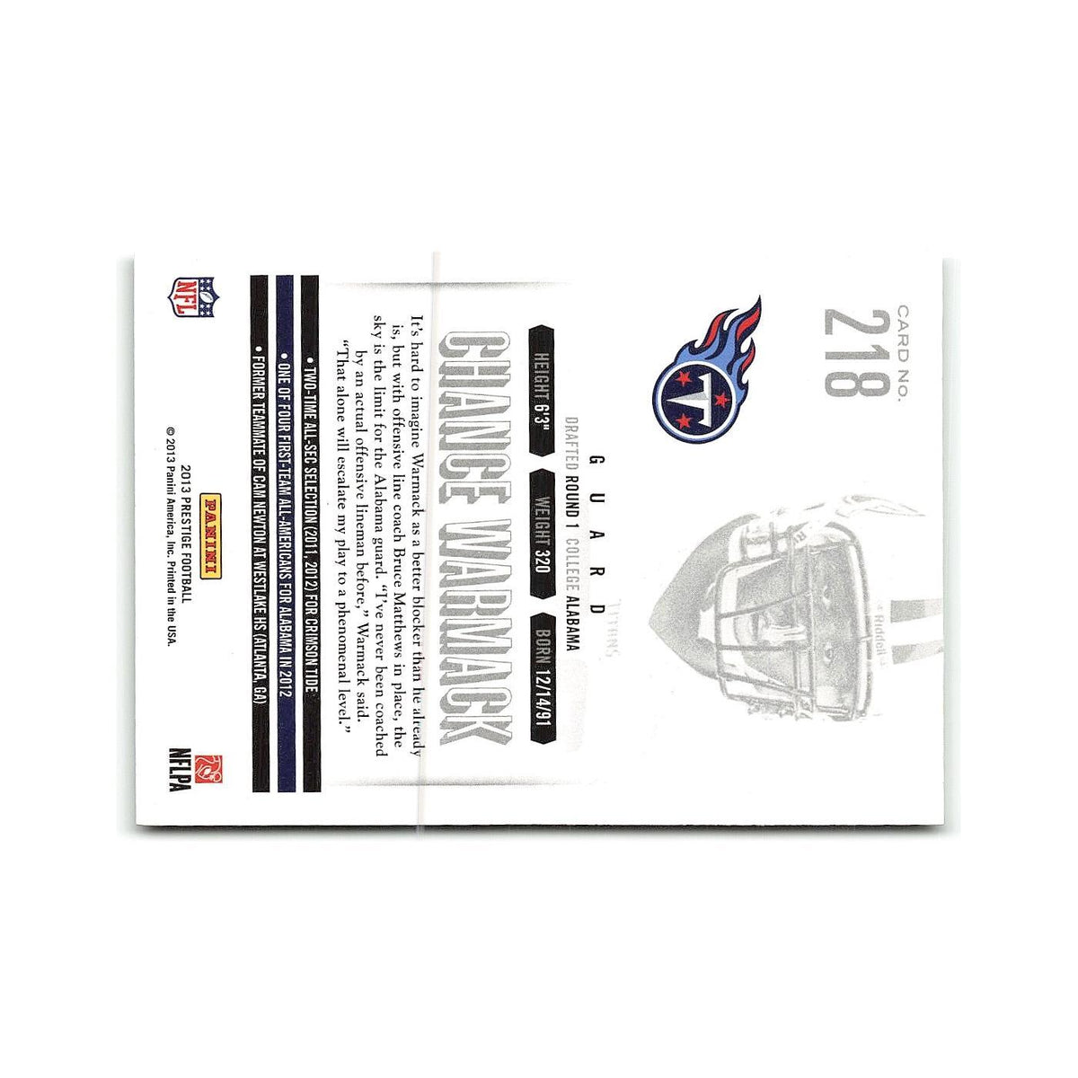 Chance Warmack Rookie 2013 Panini Prestige #218 Tennessee Titans NM