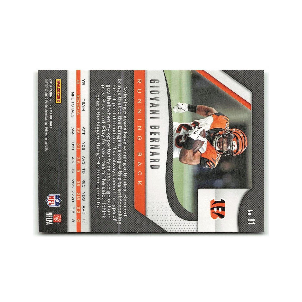 Giovani Bernard 2019 Panini Prizm #81 Cincinnati Bengals Football Card NM