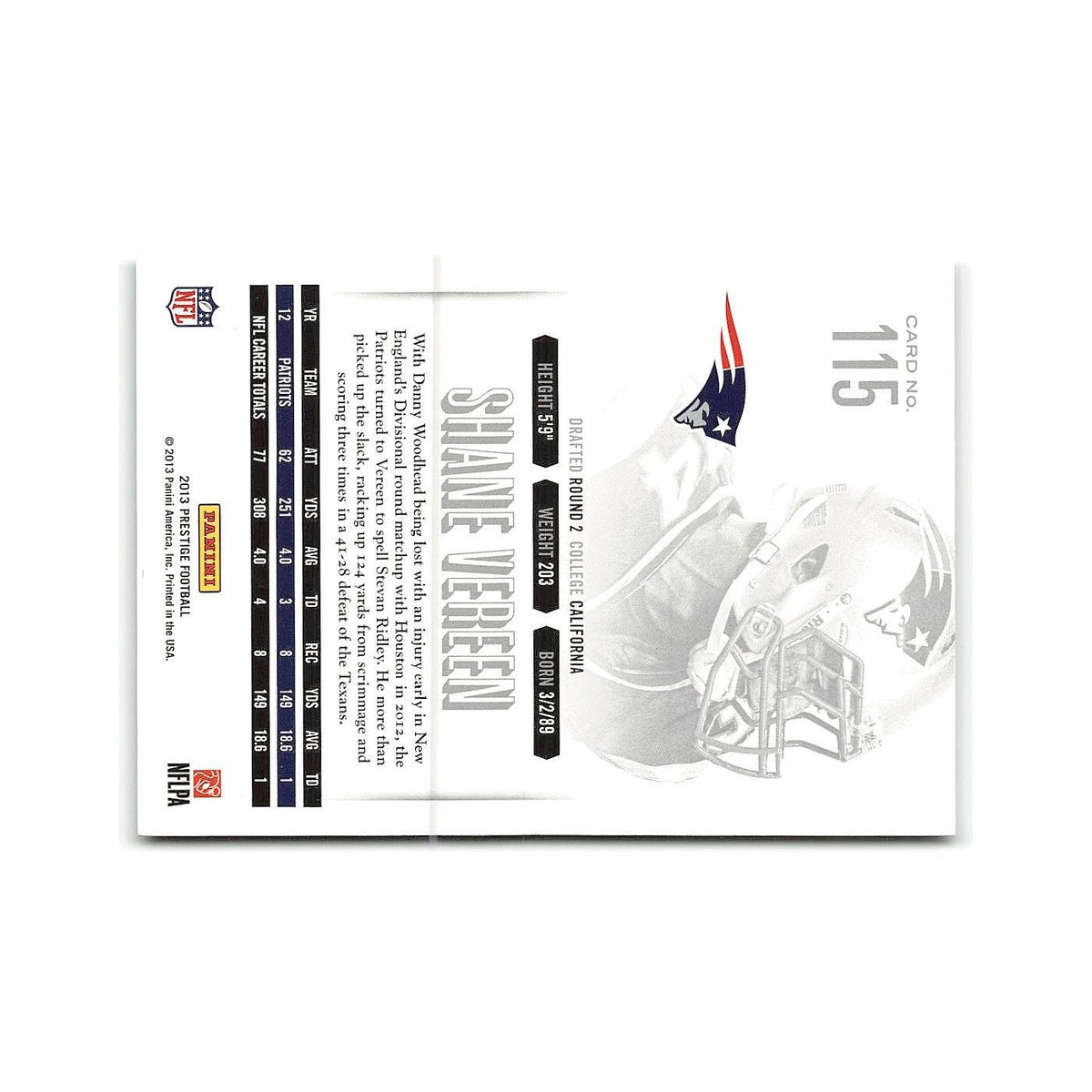 Shane Vereen 2013 Panini Prestige #115 New England Patriots Football Card NM