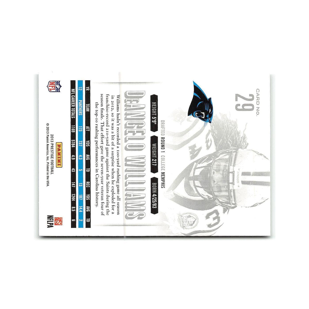 DeAngelo Williams 2013 Panini Prestige #29 Carolina Panthers Football Card NM