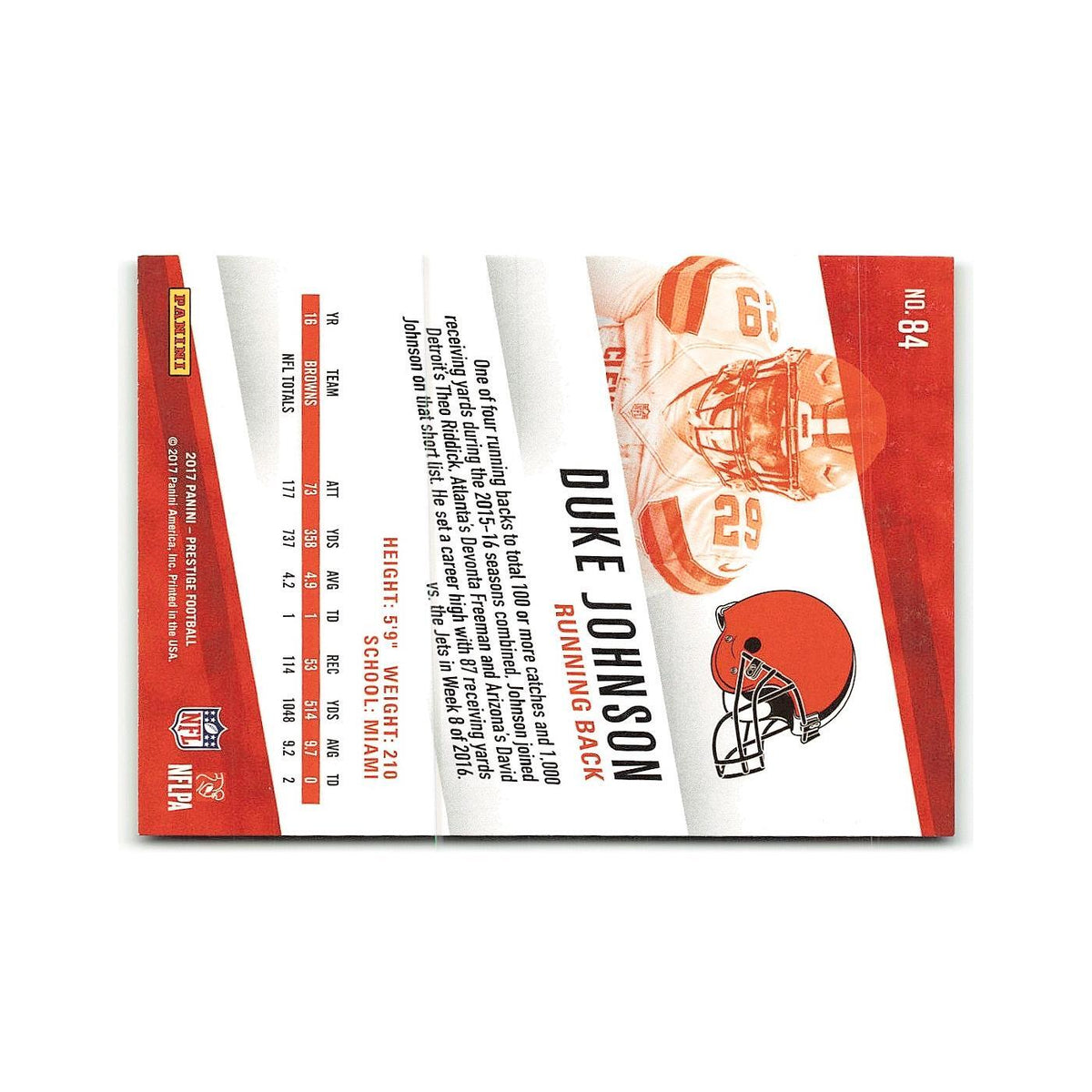 Duke Johnson 2017 Panini Prestige #84 Cleveland Browns Football Card NM
