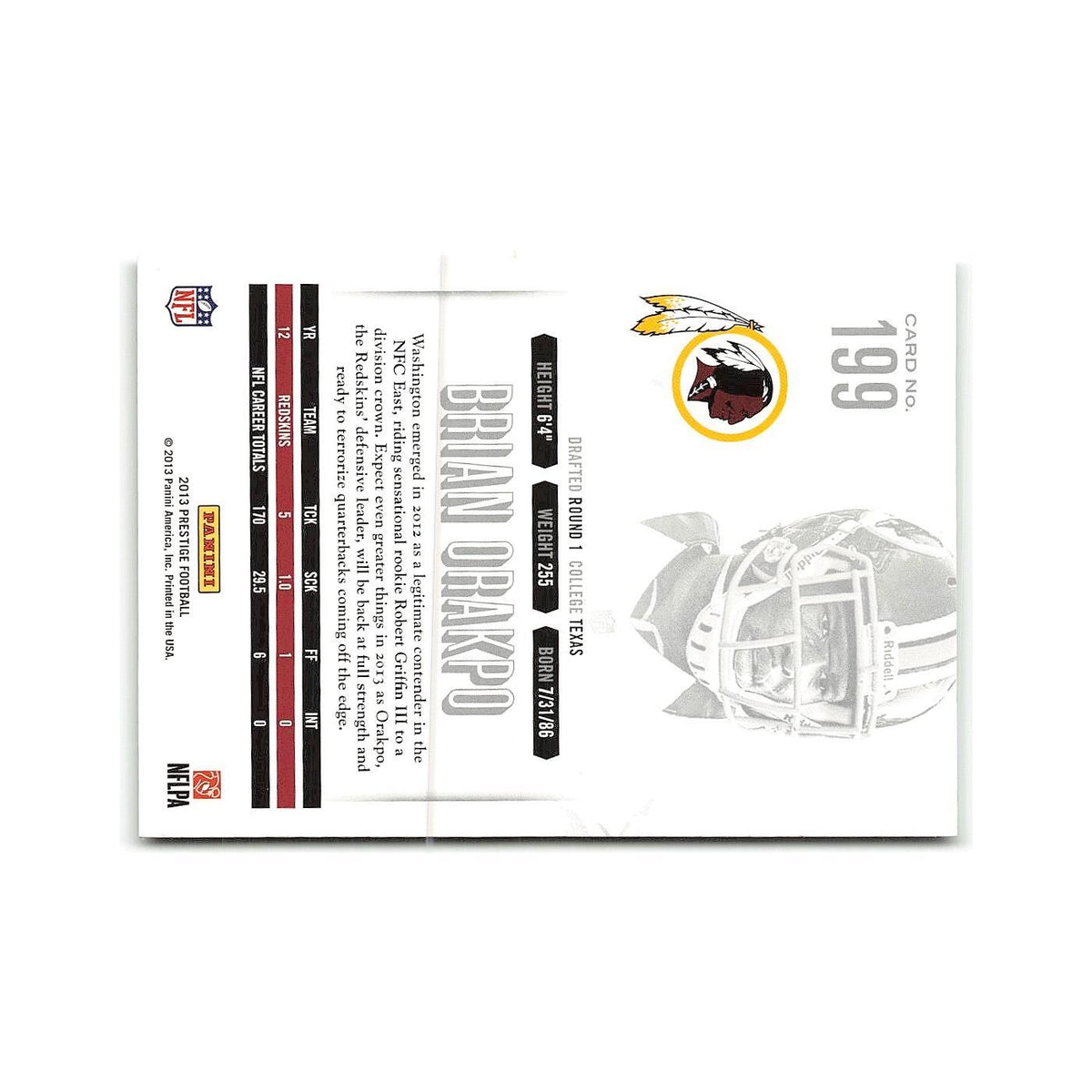 Brian Orakpo 2013 Panini Prestige #199 Washington Redskins Football Card NM