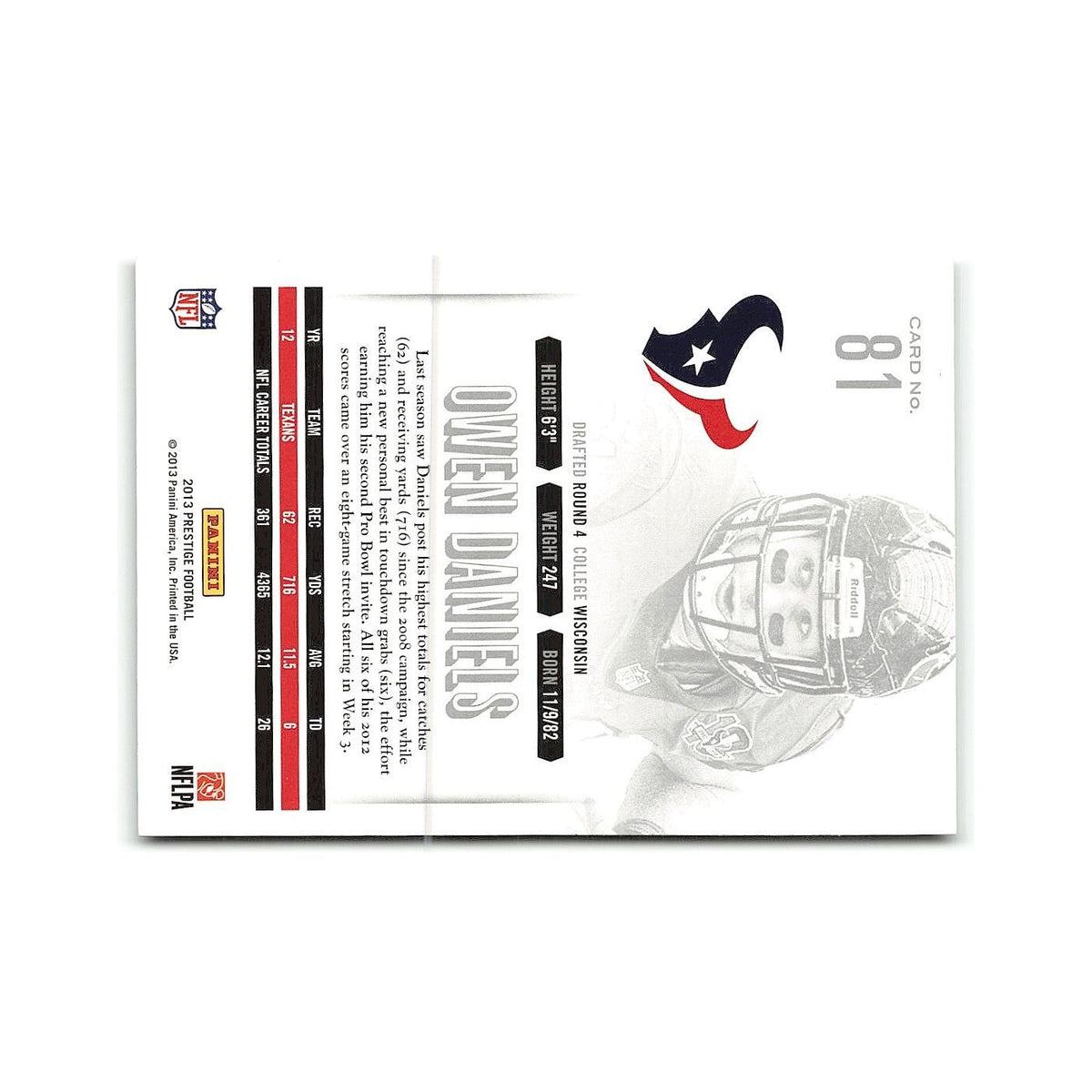 Owen Daniels 2013 Panini Prestige #81 Houston Texans Football Card NM