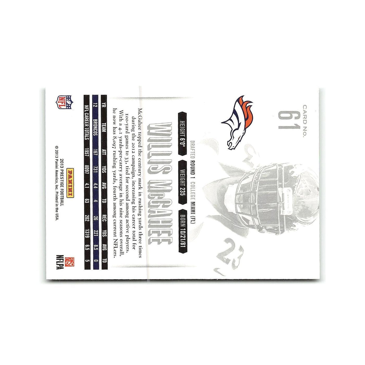 Willis McGahee 2013 Panini Prestige #61 Denver Broncos Football Card NM