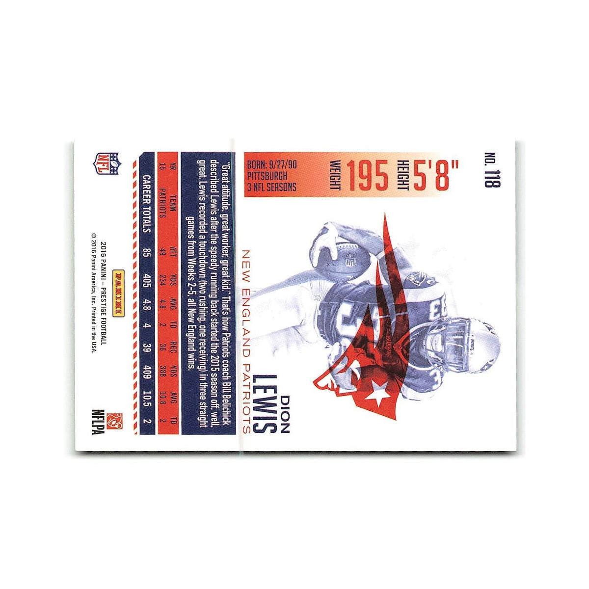 Dion Lewis 2016 Panini Prestige #118 New England Patriots Football Card NM